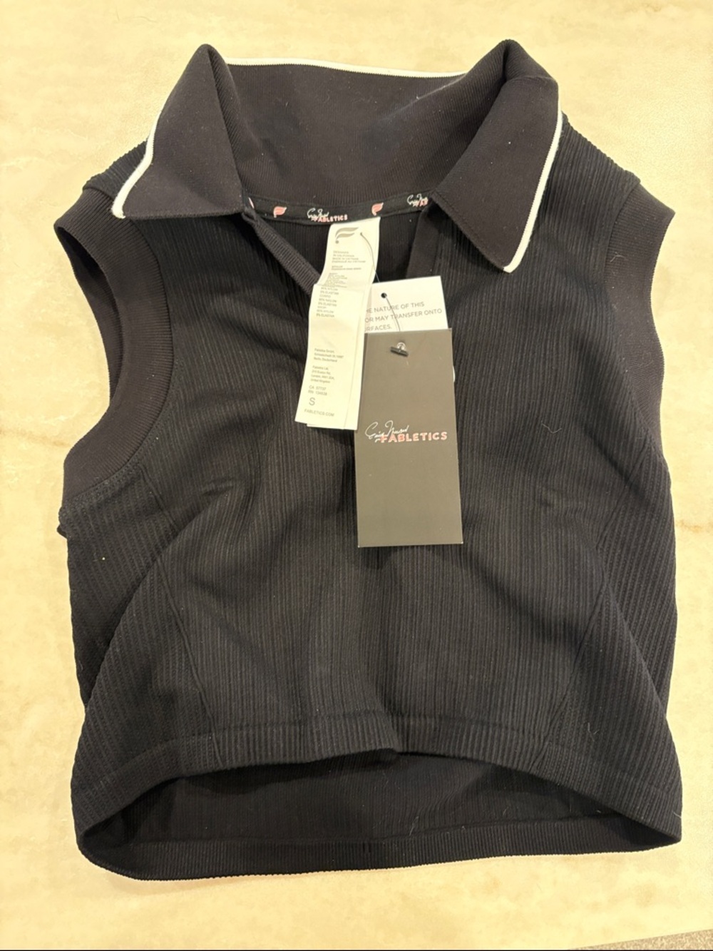 Fabletics Black Ribbed Sleeveless Polo Crop with White Trim